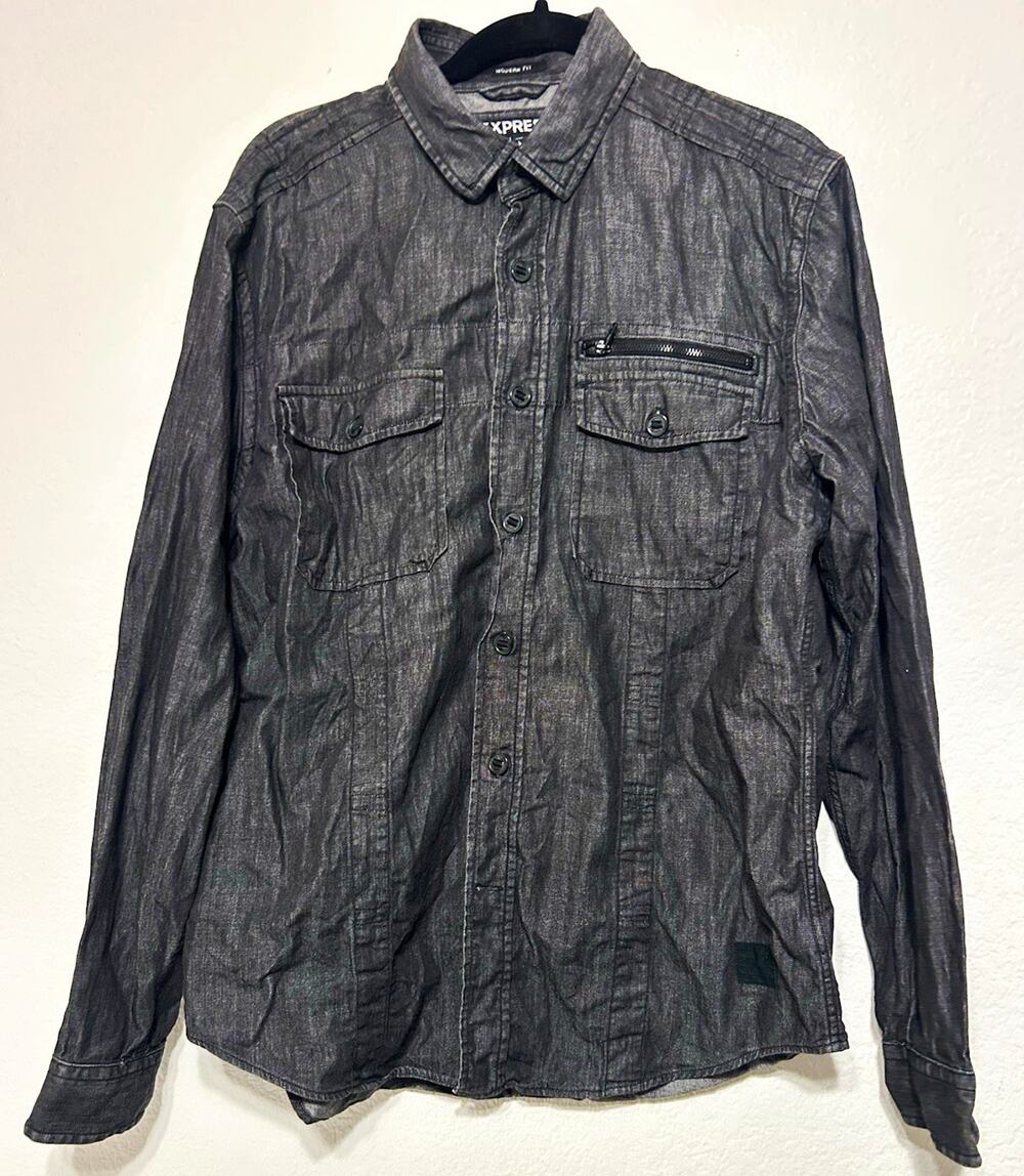Express Men's Charcoal Grey Utility Chambray Shirt L Cotton